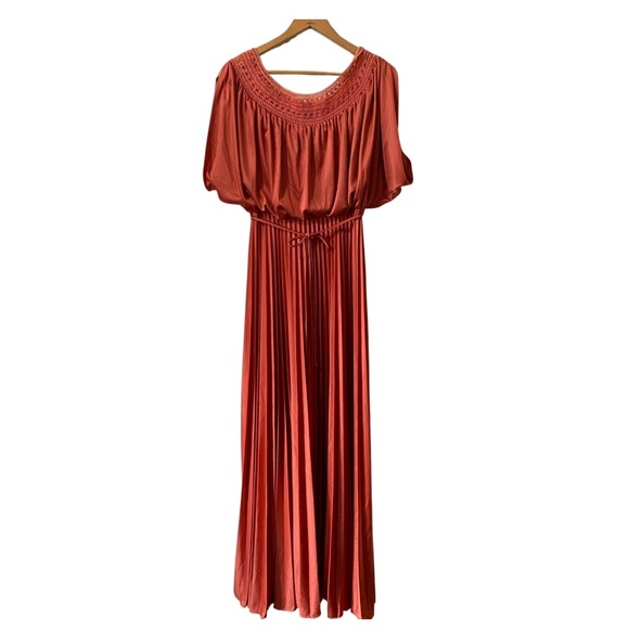 Vintage 70's Pleated Maxi Dress Off the Shoulder Sleeve Crochet Trim Satin - Picture 2 of 16